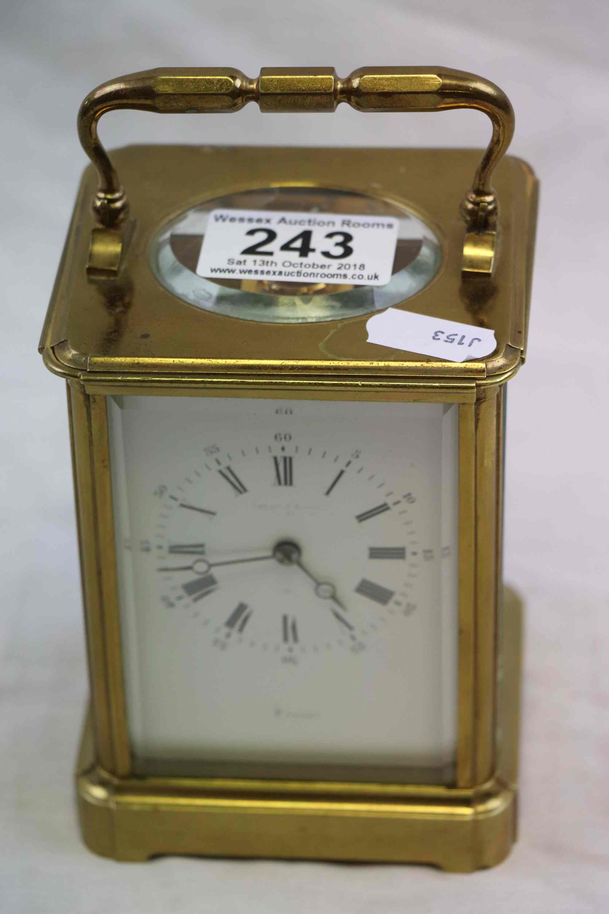 Brass chiming carriage clock, white enamel dial with black Roman numerals with Arabic numerals to - Image 2 of 6