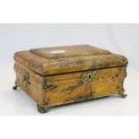 Victorian wooden work or sewing Box with ornate Brass feet and lock escutcheon and part fitted