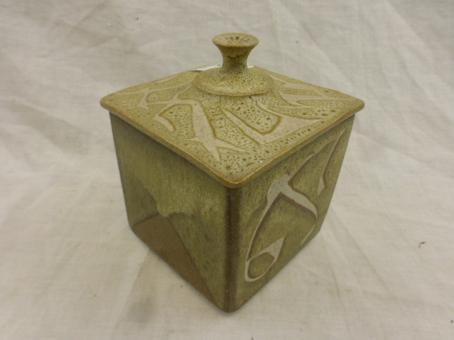 Studio Pottery lidded tea caddy of square cuboid form with abstract design, monogrammed to base, - Image 4 of 9