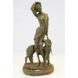 Painted cast Metal figure of a Female with Dog, Art Deco style