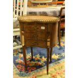 French Walnut Inlaid Kidney Shaped Side Cabinet with Three Drawers, Gilt Brass Pierced Gallery Rail,