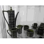Portmeirion Pottery Totem design coffee service comprising coffee pot, two milk jugs, two sugar