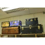 Vintage Wooden Bound Travelling Trunk and Four Other Travelling Trunks