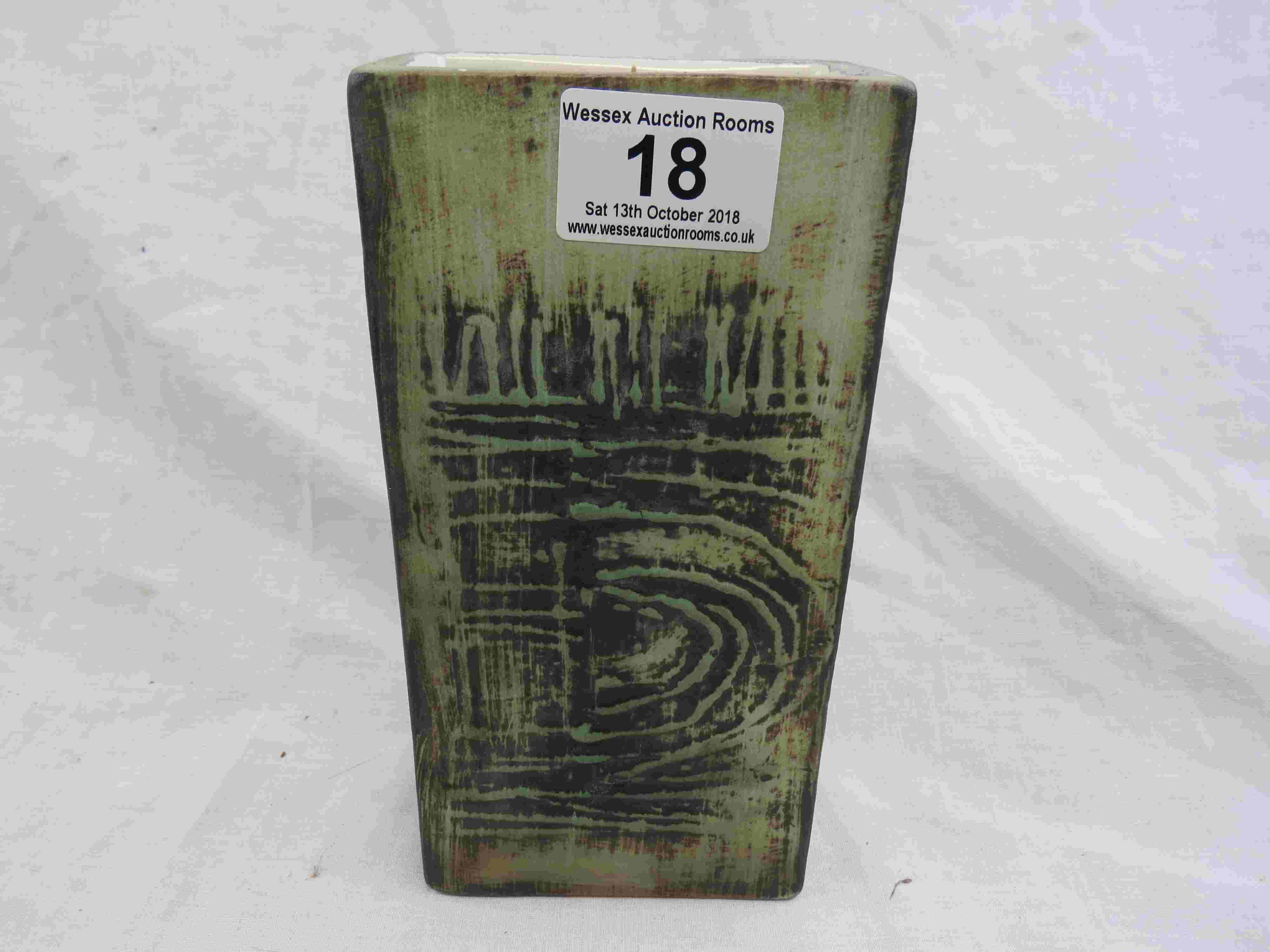 Troika style unglazed rectangular vase, raised ribboned design mirrored front and back, green and - Image 2 of 7