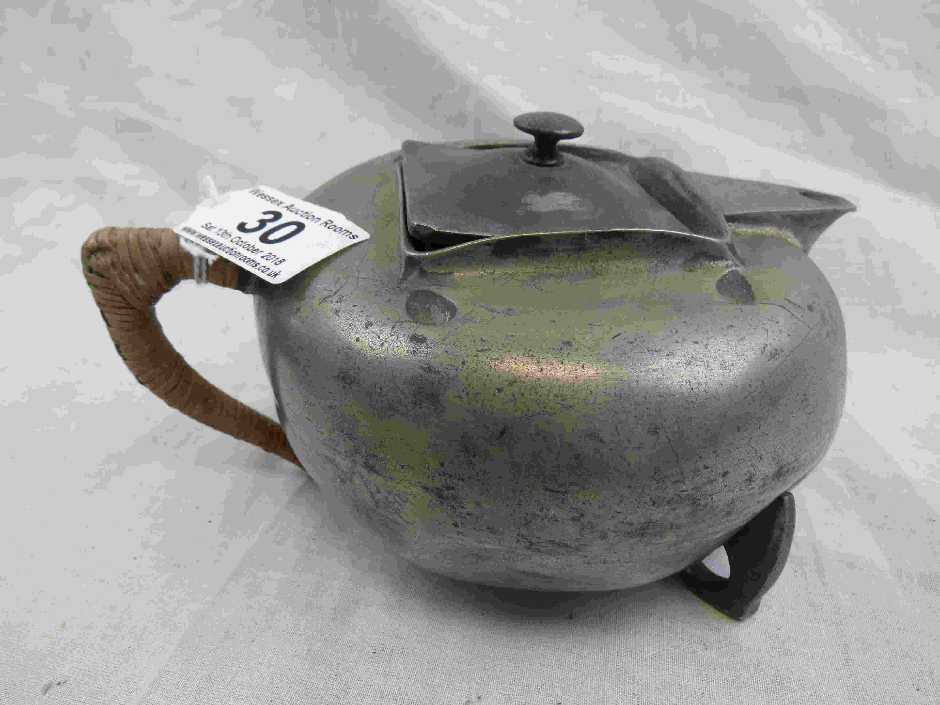 Archibald Knox for Liberty & Co Tudric pewter three piece tea service comprising teapot, sugar - Image 3 of 5