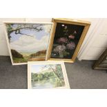 Two framed Oil painting Landscapes and a framed & glazed painting on Felt of flowers