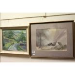 Framed Oil on board of a Rural Village scene by "Hilda Bailey" & a framed & glazed Watercolour of