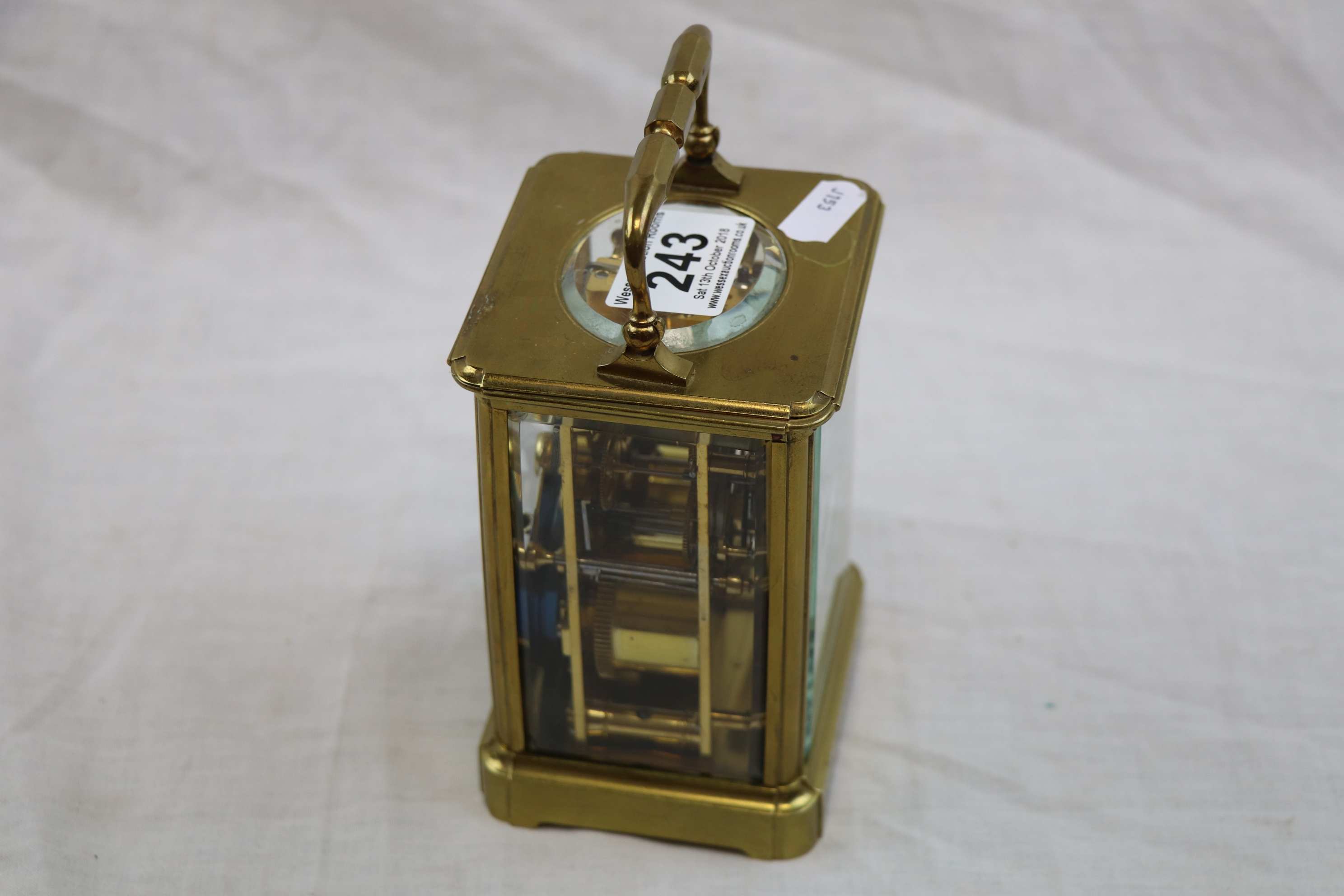Brass chiming carriage clock, white enamel dial with black Roman numerals with Arabic numerals to - Image 5 of 6