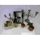 Collection of Metalware including Silver Plated and a Brass Candlearbra, Cased Fish Knives and Forks