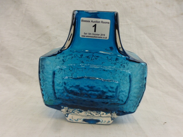 After Geoffrey Baxter for Whitefriars style Kingfisher blue TV vase, concentric textured rectangular - Image 2 of 11