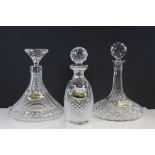 Three cut glass Decanters with wine labels to include Waterford
