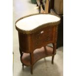 French Walnut Inlaid Kidney Shaped Side Cabinet with Three Drawers, Marble Top and Gilt Brass