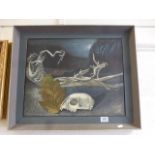 Framed Oil on canvas of a Skull with skeletal branch and leaf at night, signed Victor Bramley and