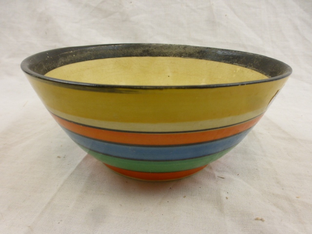 Clarice Cliff for Newport Pottery Bizarre series striped bowl, yellow, orange, blue and green, - Image 4 of 7