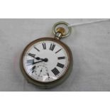 White metal 8 day top wind Goliath pocket watch, white enamel dial and subsidiary dial with black
