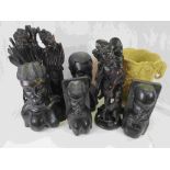 Three Chinese Carved Hardwood Figures to comprise a pair and one resin, Resin Ivory Effect