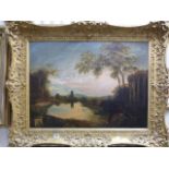 Large Oil Painting on Canvas depicting a Continental Landscape Scene of Ruined Buildings by a