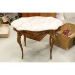 French Walnut Centre Table with Floral Inlay, Shaped Marble Top raised on Cabriole Legs with Gilt