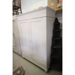 19th century Grey Painted Pine Wardrobe with Two Panel Doors opening to reveal empty space,
