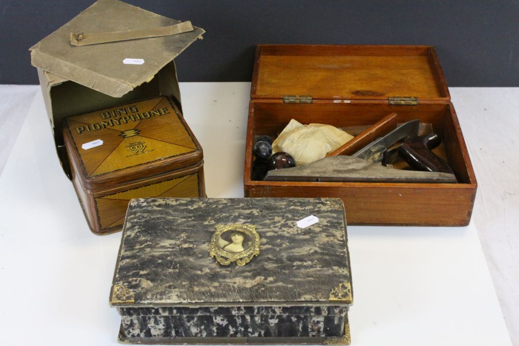 Wooden cased Marples M4 wood Plane, cased "Bing Pigmyphone" & a vintage chocolate box