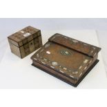 Wooden Tea Caddy with silvered interior and lids plus a burr Walnut veneered writing slope with