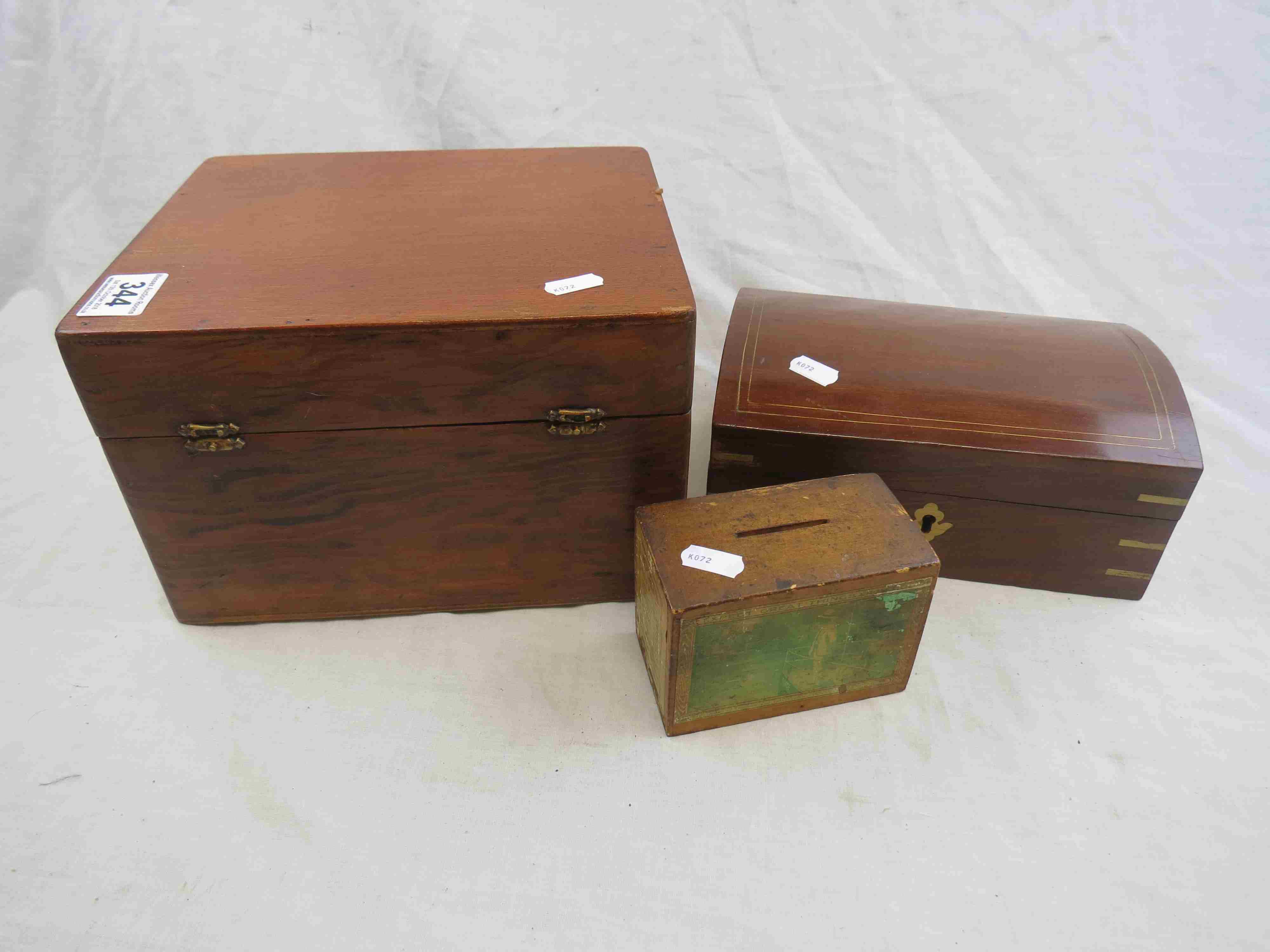 Wooden Church Funds money box, a wooden jewellery box together with a larger wooden box and two