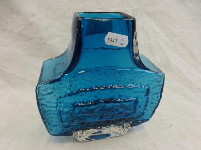 After Geoffrey Baxter for Whitefriars style Kingfisher blue TV vase, concentric textured rectangular - Image 9 of 11