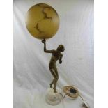 Art Deco figural spelter table lamp depicting a standing semi-nude woman twisting to look at the