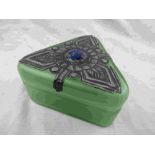 Arts and Crafts style pewter and glass triangular trinket pot and cover, the green glass lid with