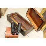 19th century Mahogany Writing Slope (a/f), Cased Set Binoculars and a Vintage Hanging Light