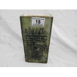 Troika style unglazed rectangular vase, raised ribboned design mirrored front and back, green and