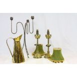 Pair of Middle Eastern Brass lamps with red glass Cabouchon inserts and green fabric shades plus a
