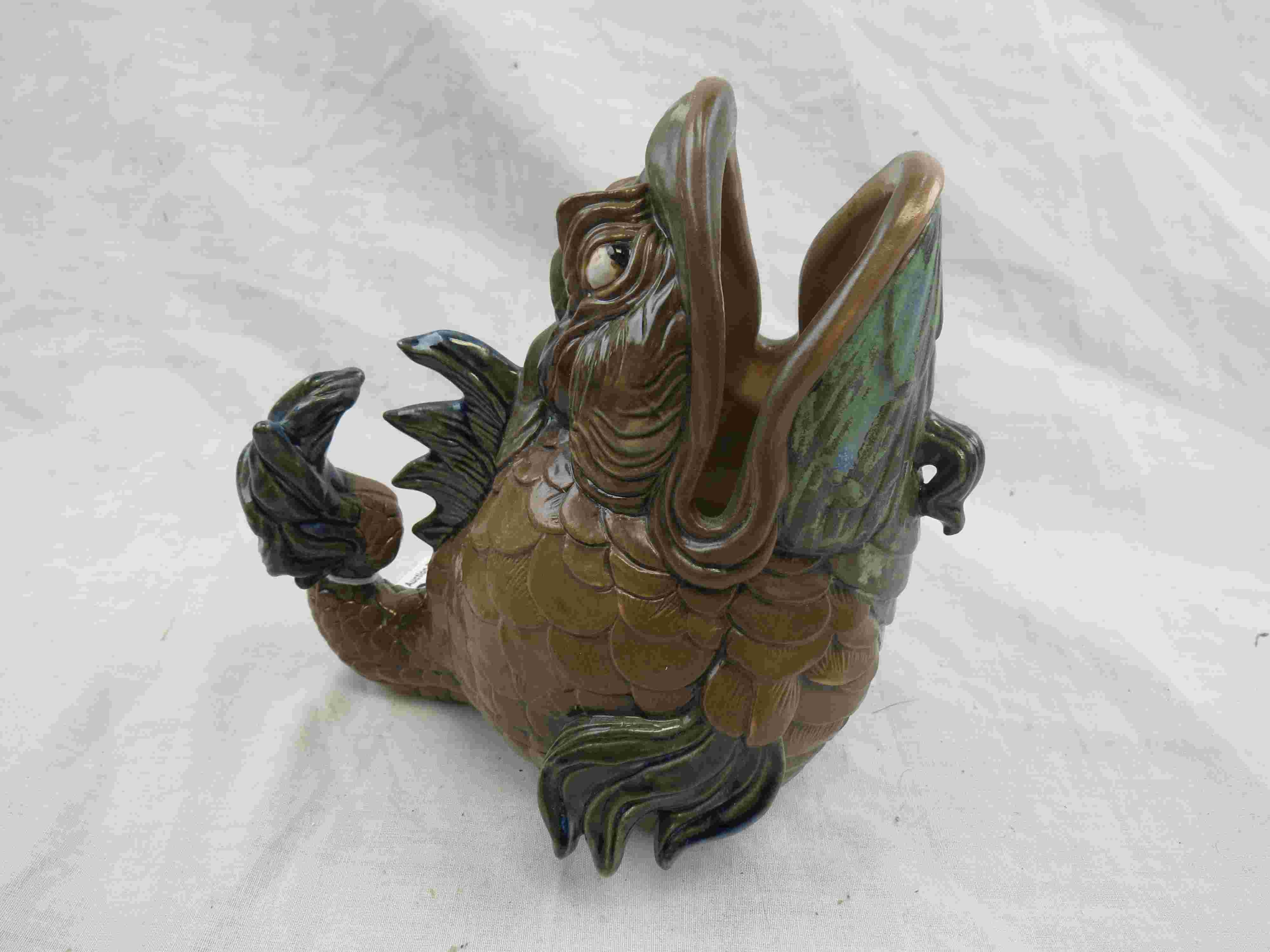 Andrew Hull for Burslem Pottery grotesque fish spoon warmer, brown green and blue colour palette,