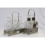 Two metal mounted glass Decanter sets, one with decanter labels
