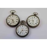 Three silver open faced pocket watches to include a Victorian Waltham key wind with white enamel