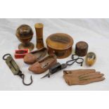 Treen items to include 19th century Mauchlin ware money box. Mauchlin ware cotton reel bobbin box,