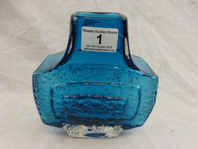 After Geoffrey Baxter for Whitefriars style Kingfisher blue TV vase, concentric textured rectangular - Image 8 of 11