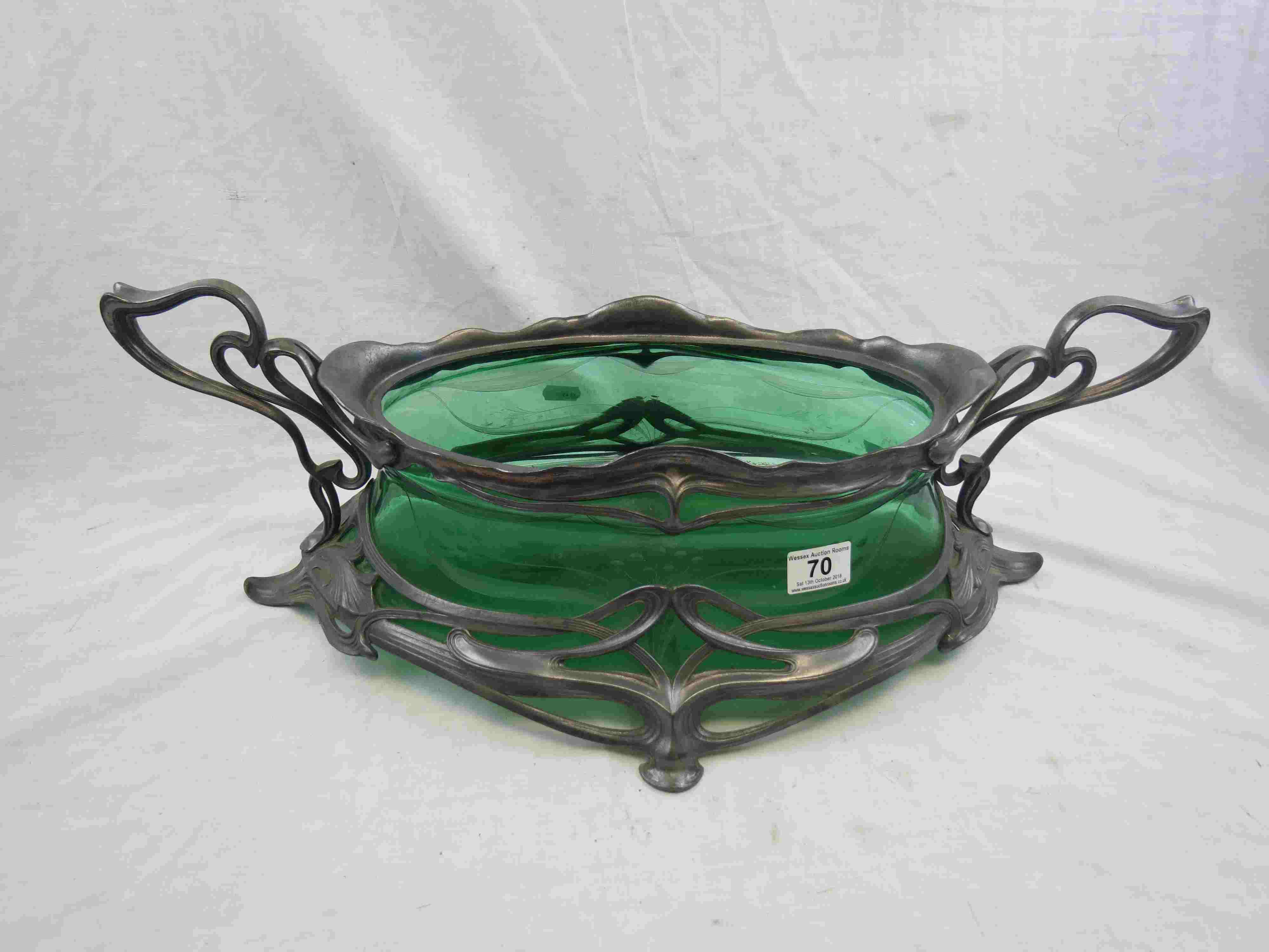 WMF Jugendstil pewter twin handled centrepiece bowl, openwork sinuous scrolling form with stylised - Image 5 of 13