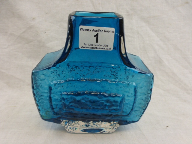 After Geoffrey Baxter for Whitefriars style Kingfisher blue TV vase, concentric textured rectangular - Image 7 of 11