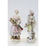 Pair of 19th Century ceramic figures with Musical instruments with Meissen type blue crossed