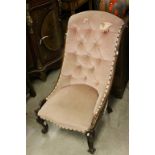 Victorian Nursing Chair with Pink Button Back Fabric Upholstery with Scroll Carved Legs