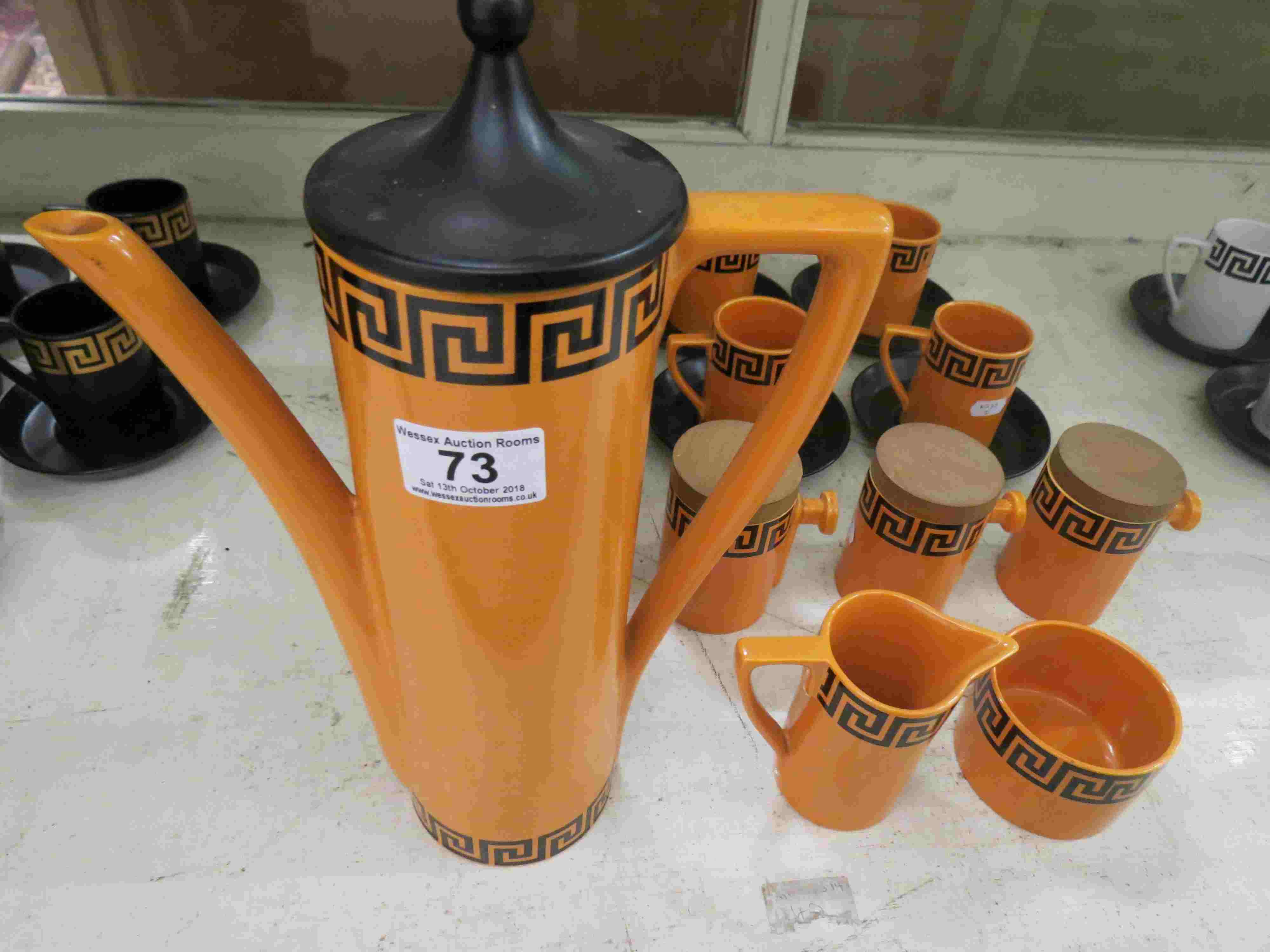 Portmeirion Pottery Greek Key design coffee service for six comprising coffee pot, milk jug, sugar