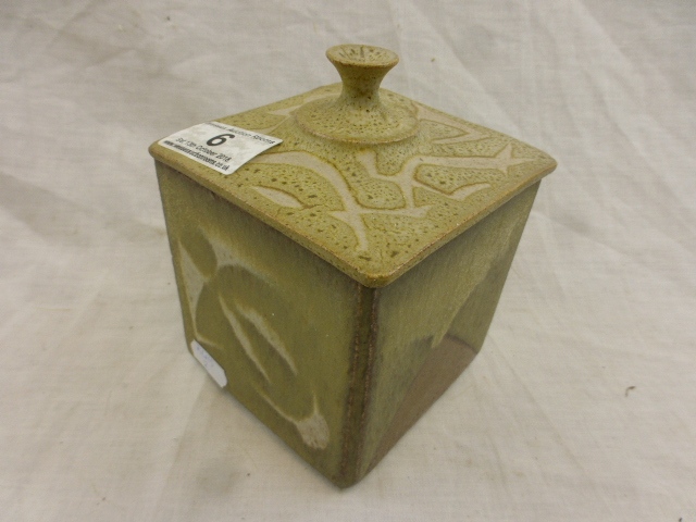 Studio Pottery lidded tea caddy of square cuboid form with abstract design, monogrammed to base, - Image 2 of 9