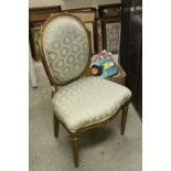 French Louis XVI Gilt Oval Back Bedroom Chair upholstered in green and cream fabric