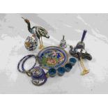 Collection of cloisonne items comprising a pair of birds, bangles, miniature tea pot and tea