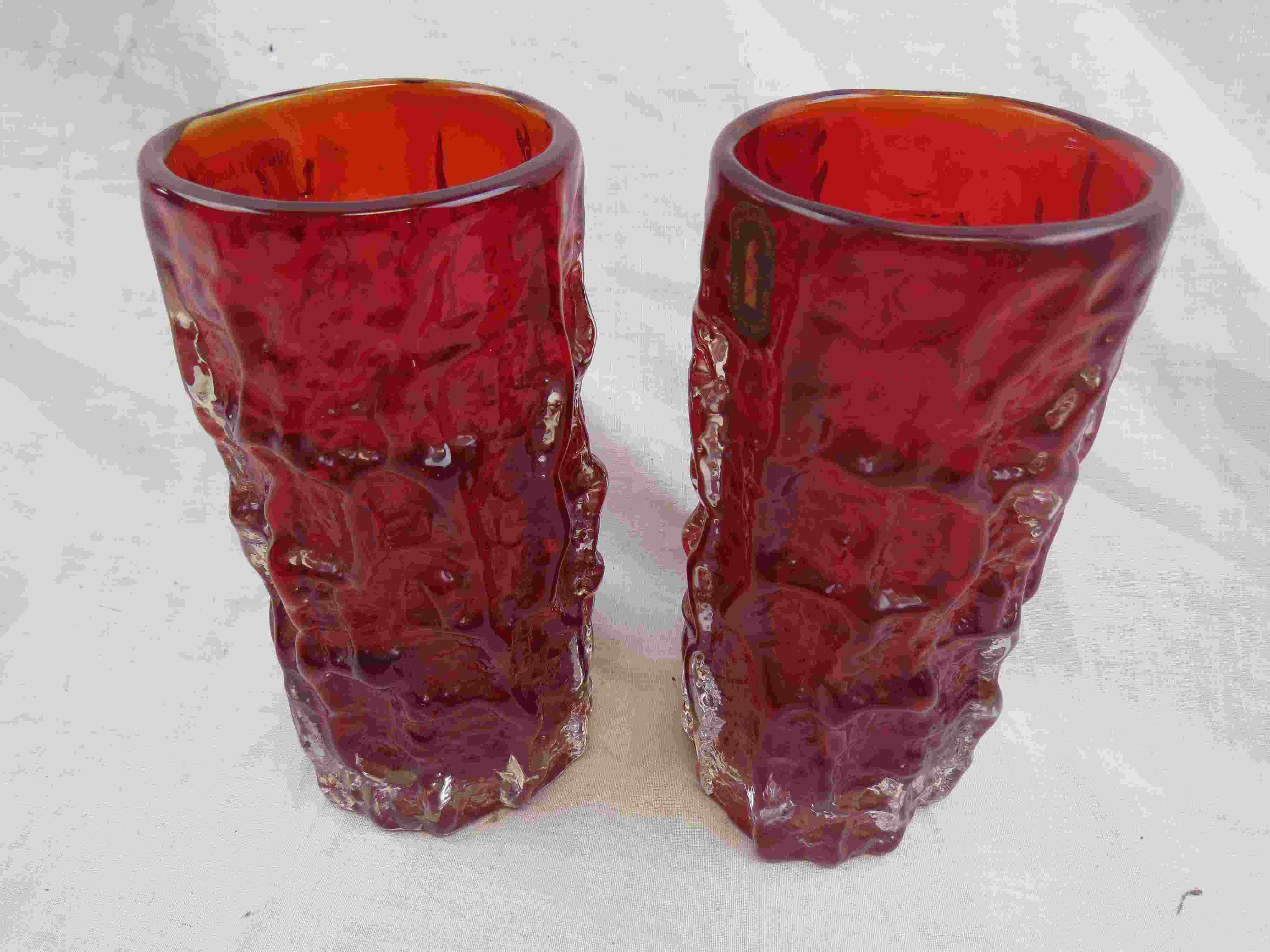 Geoffrey Baxter for Whitefriars. a pair of ruby red cylindrical bark vases from the Textured - Image 3 of 7