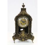 Vintage French Wooden mantle Clock with Boule style Brass inlay, ornate Brass detailing and pendulum