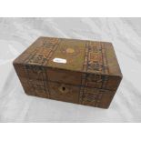 Parquetry inlaid Victorian wooden box together with a wooden egg shaped bobbin holder, Charles