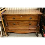 Victorian Mahogany Chest of Three Long Drawers with shaped apron and raised on cabriole legs, 129cms