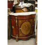 French Style Serpentine Fronted Walnut Lacquered Credenza with Floral Inlaid Panels, Marble Top